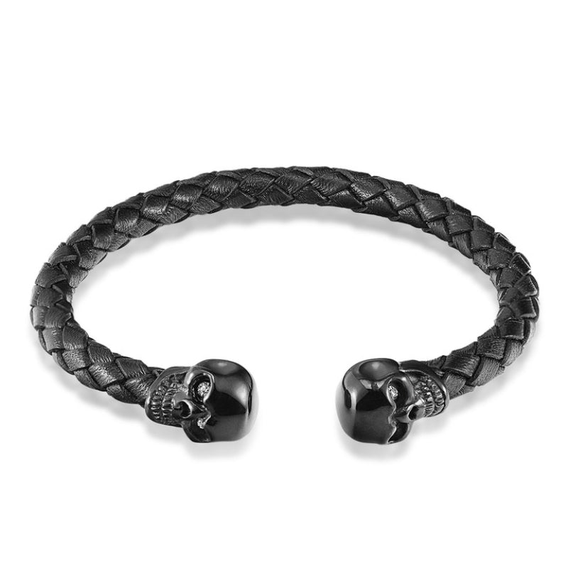 Men's Black Leather Skull Bracelet