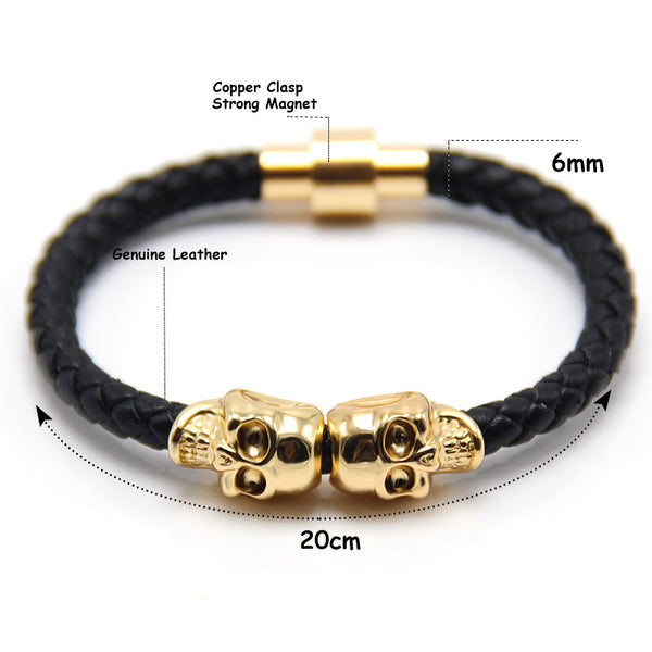 Men's Gold and Black Magnet Clasp Leather Skull Bracelet