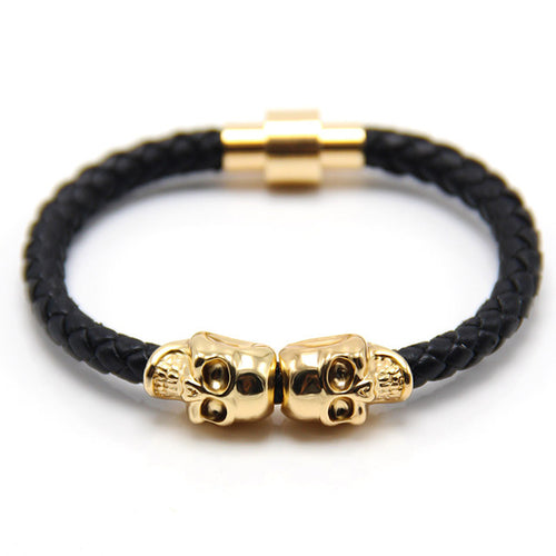 Men's Gold and Black Magnet Clasp Leather Skull Bracelet